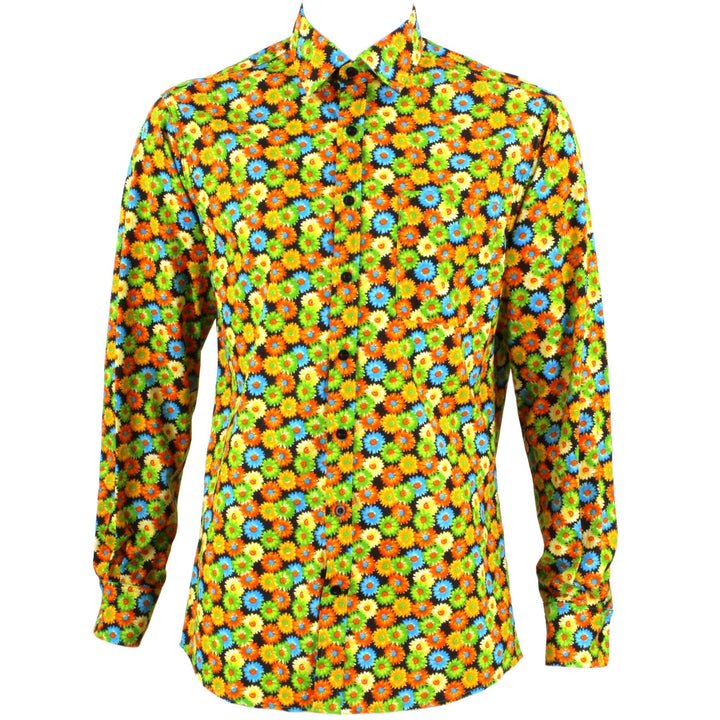 Regular Fit Long Sleeve Shirt - Green Blue & Orange Floral on Black