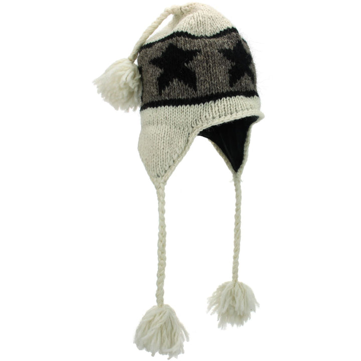 Wool Knit Earflap Tassel Hat - Star Cream