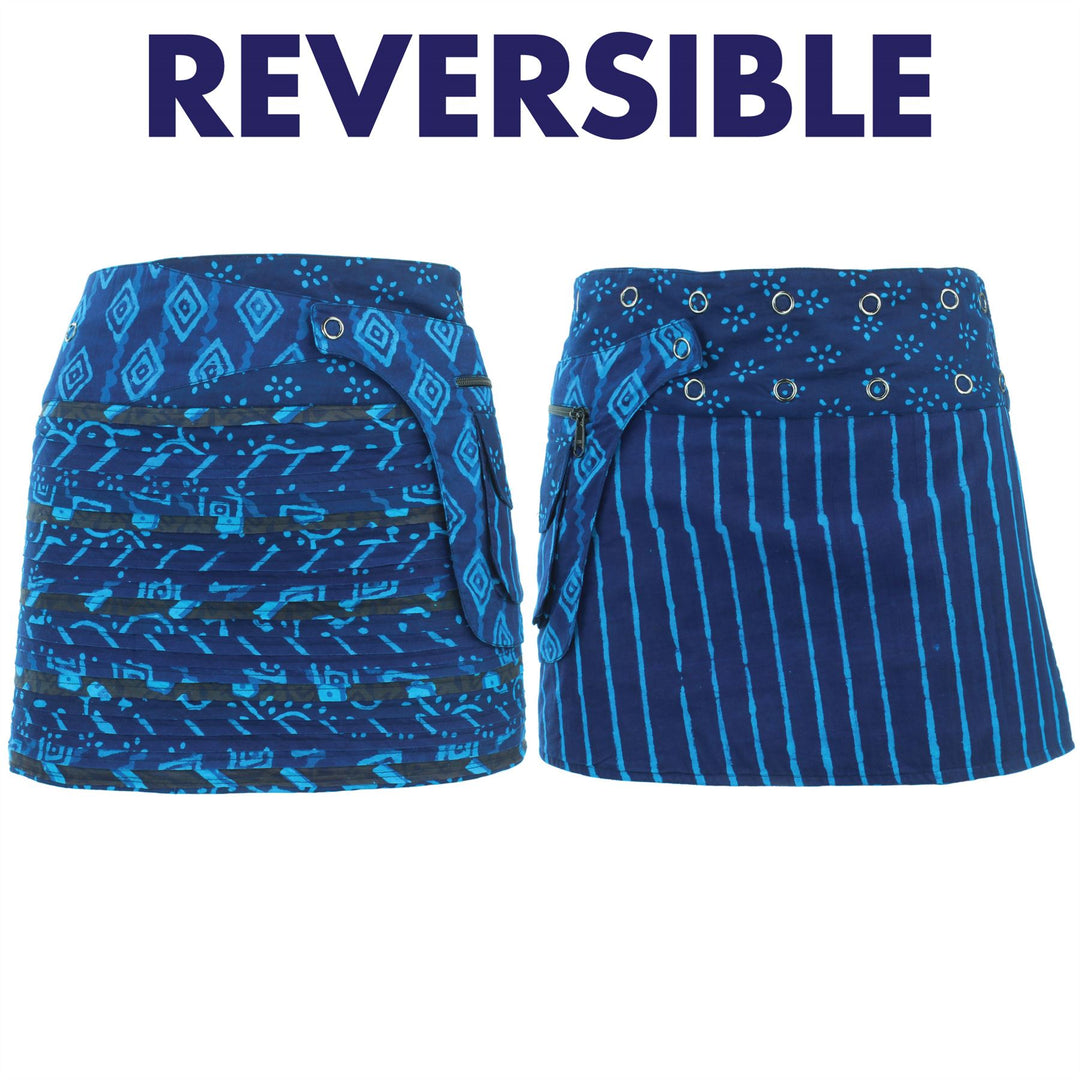 Reversible Popper Wrap Mini Skirt - Indigo Patch Strips / Indigo Stripe