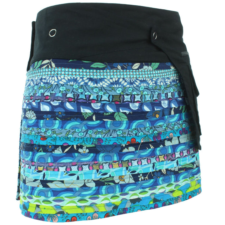 Reversible Popper Wrap Mini Skirt - Blue Patch Strips / Diamond Block