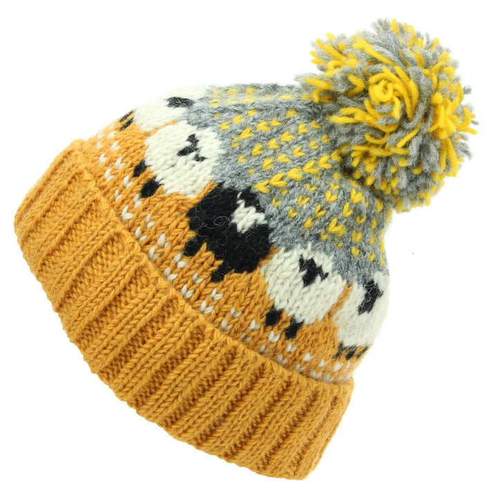 Wool Knit Bobble Beanie Hat - Sheep - Orange