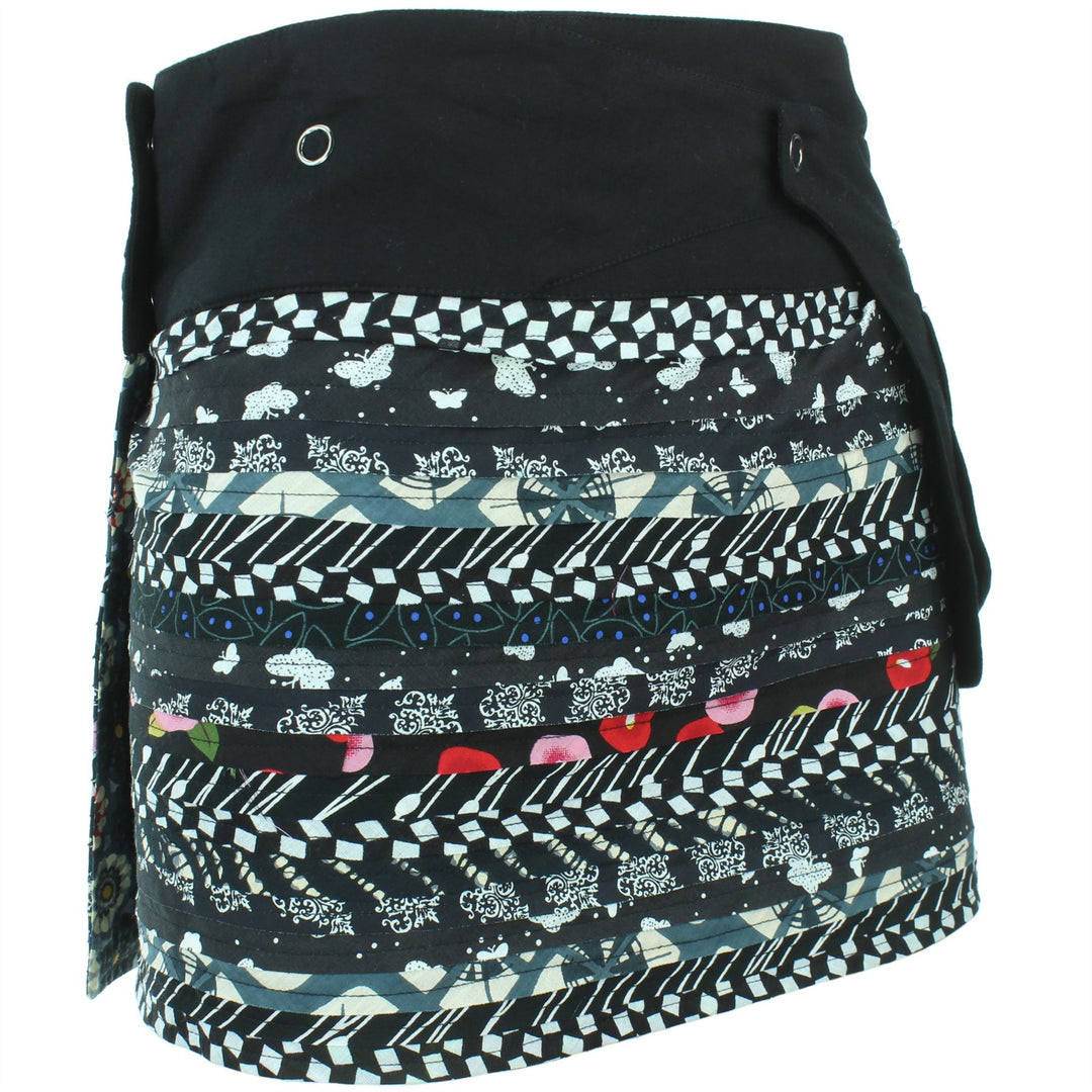 Reversible Popper Wrap Mini Skirt - Black Patch Strips / Kaleidoscope