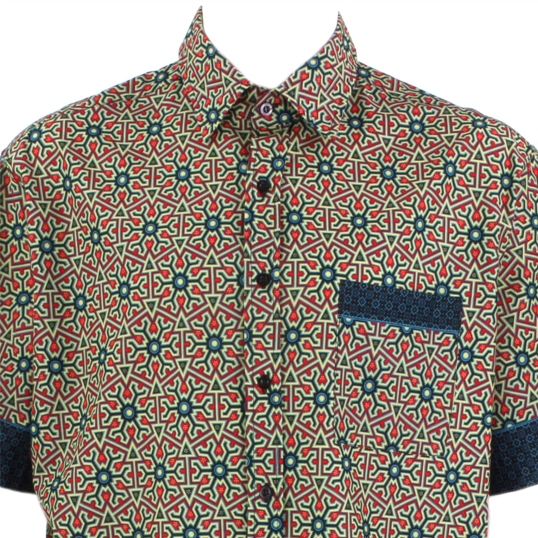 Regular Fit Short Sleeve Shirt - Green & Red Abstract