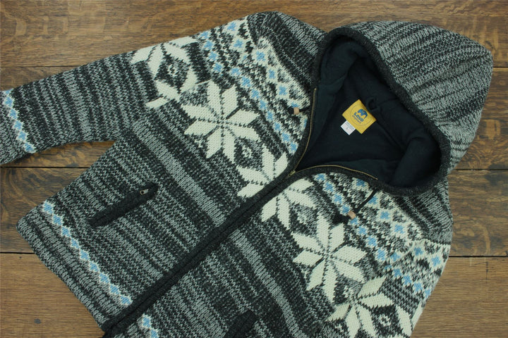 Hand Knitted Wool Hooded Jacket Cardigan - Fairisle Grey