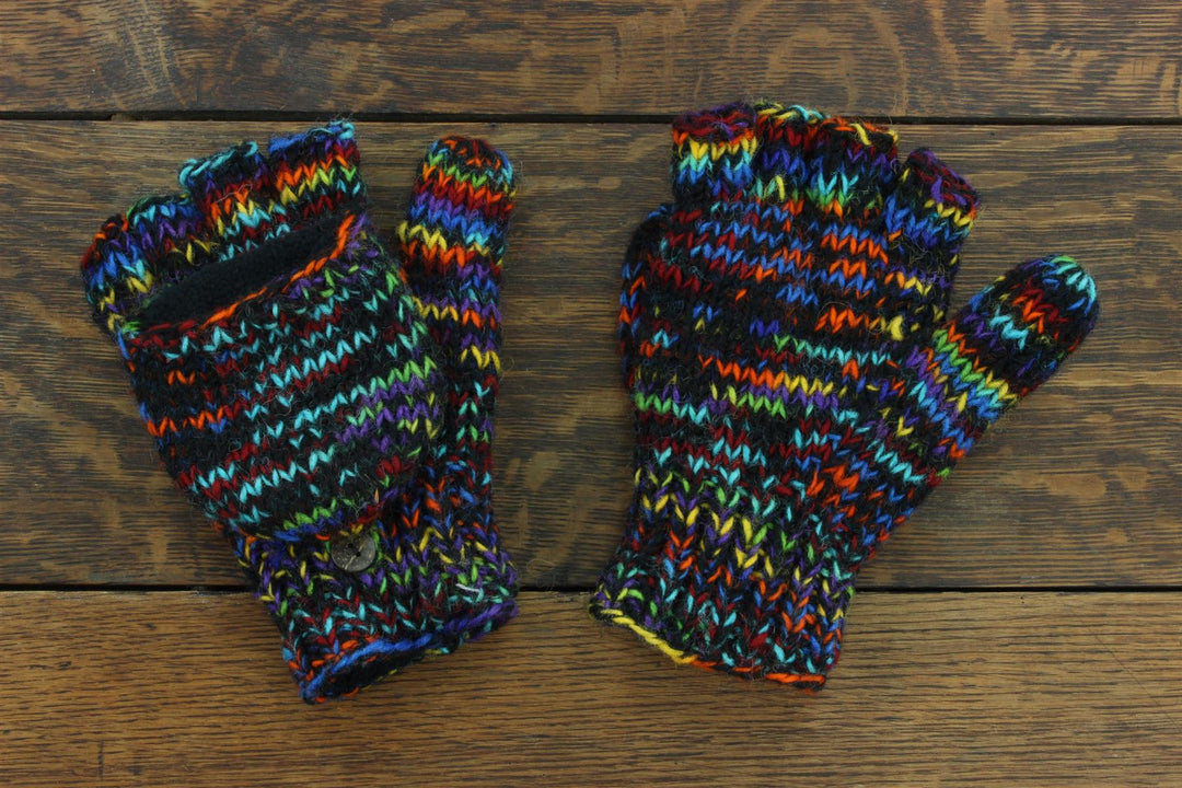 Hand Knitted Wool Shooter Gloves - SD Black Rainbow