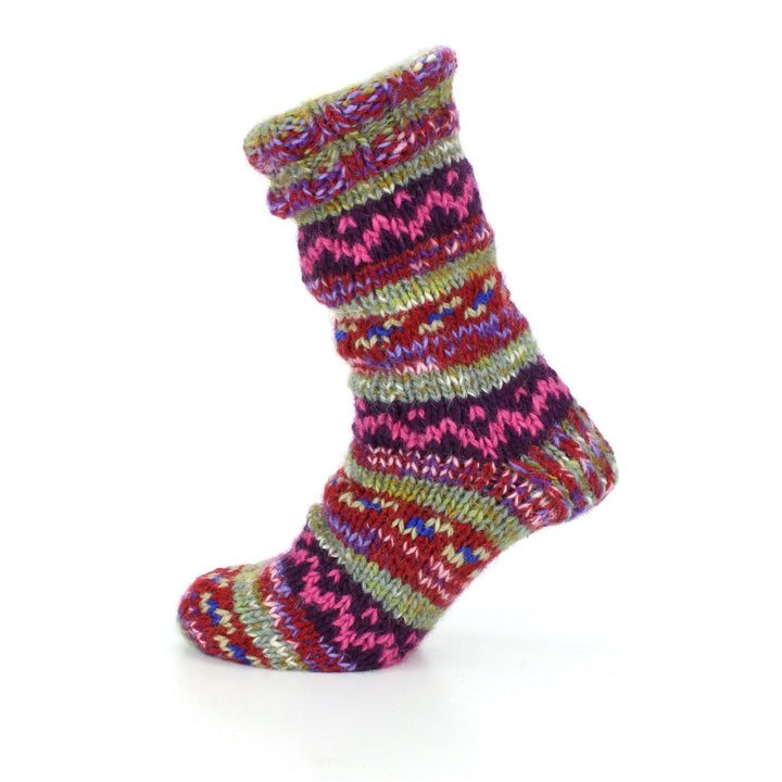 Hand Knitted Wool Slipper Socks Lined - SD Purple Green