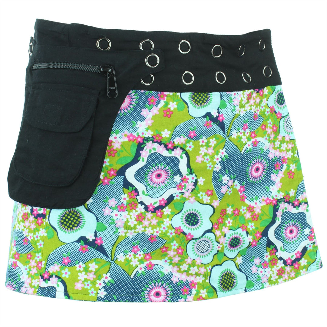 Reversible Popper Wrap Children's Size Mini Skirt - Green Patch Strips / Floral Oyster