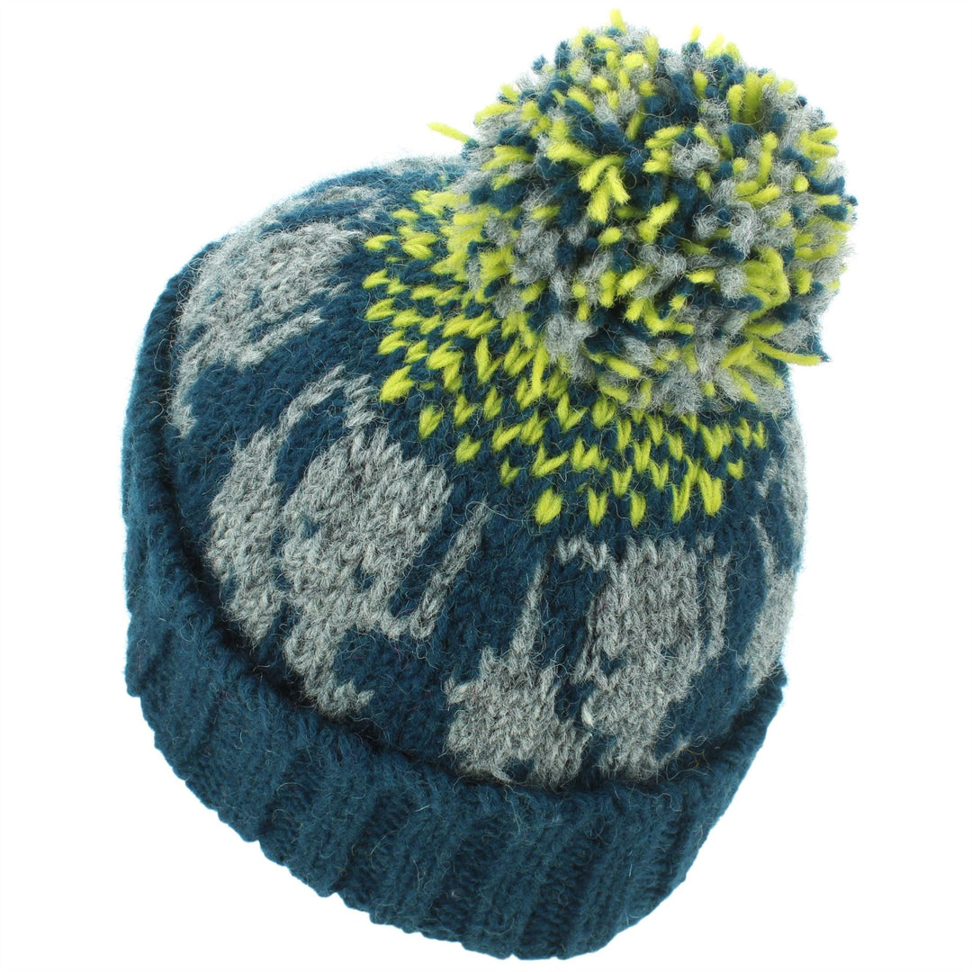 Wool Knit Bobble Beanie Hat - Elephant - Teal Yellow