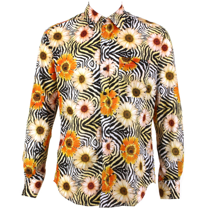 Regular Fit Long Sleeve Shirt - Orange Floral on Geometric Black & White