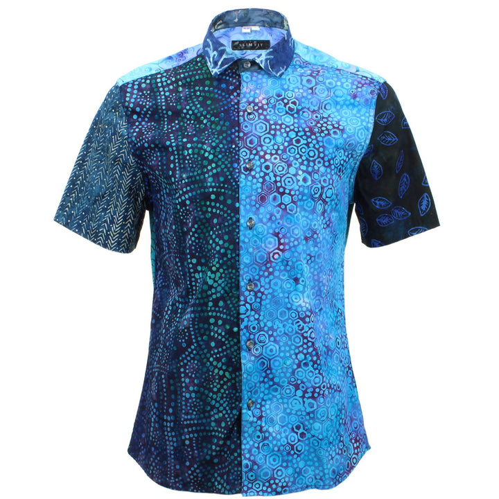 Slim Fit Short Sleeve Mixed Panel Shirt - Blue Mix