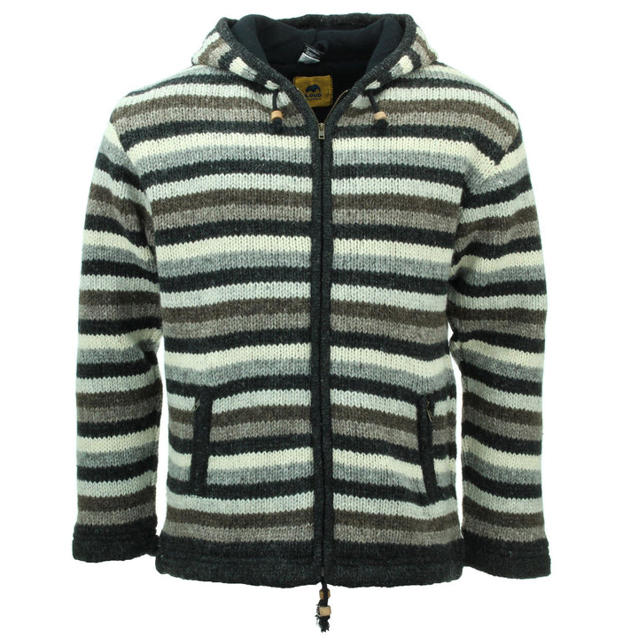 Hand Knitted Wool Hooded Jacket Cardigan - Stripe Natural