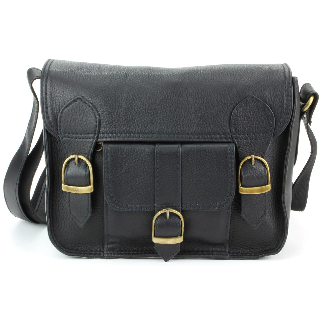 Real Leather Satchel with Front Pocket - Black