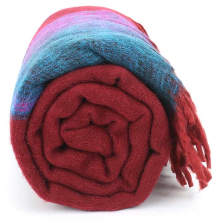 Tibetan Wool Blend Shawl Blanket - Red with Purple Reverse