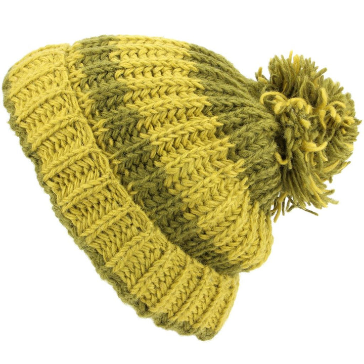 Chunky Wool Knit Baggy Slouch Striped Beanie Bobble Hat - Green