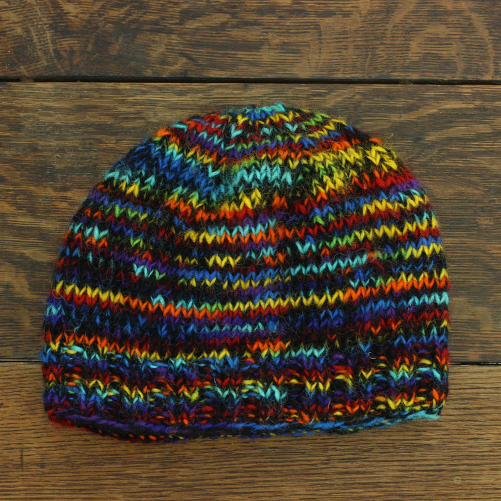 Hand Knitted Wool Beanie Hat - SD Black Rainbow