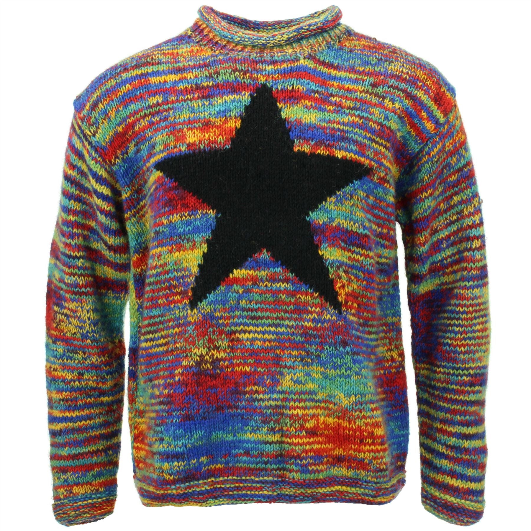 Chunky Wool Knit Star Jumper Rainbow Space Dye Black