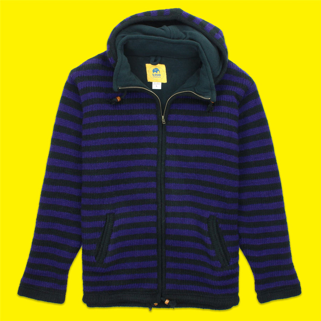 Hand Knitted Wool Hooded Jacket Cardigan - Stripe Purple Black