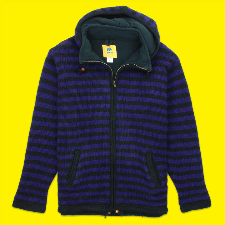 Hand Knitted Wool Hooded Jacket Cardigan - Stripe Purple Black