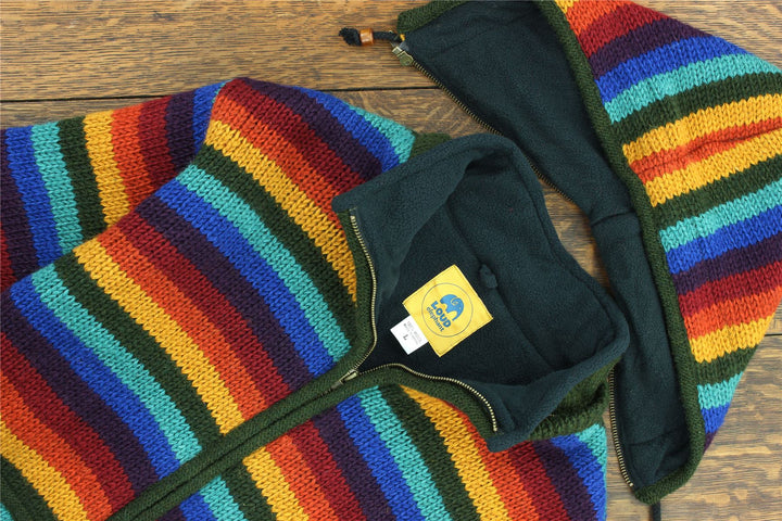 Hand Knitted Wool Hooded Jacket Cardigan - Stripe Dark Rainbow