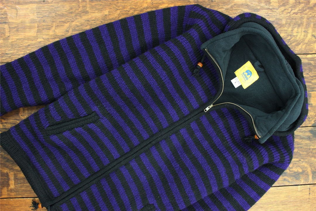 Hand Knitted Wool Hooded Jacket Cardigan - Stripe Purple Black