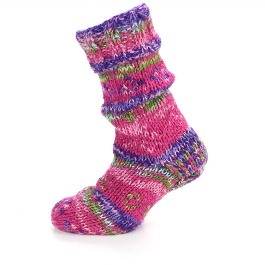 Hand Knitted Wool Slipper Socks Lined - SD Pink Purple