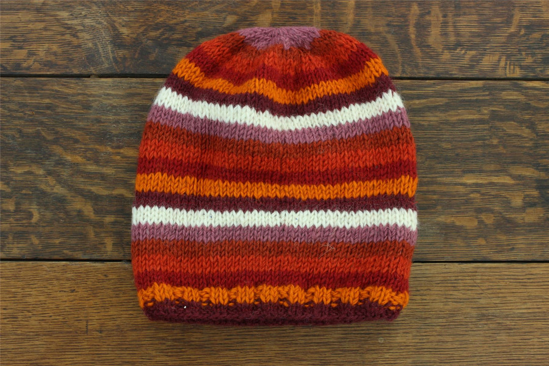 Hand Knitted Baggy Slouch Beanie Hat - Stripe Rust