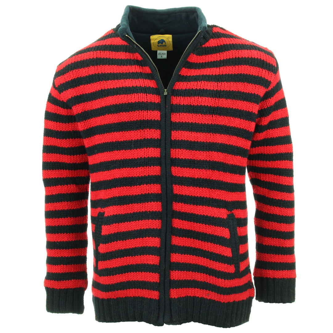 Hand Knitted Wool Jacket Cardigan - Stripe Red Black