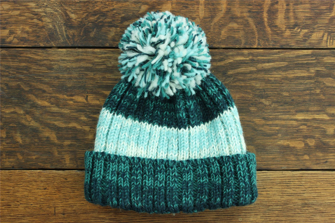 Hand Knitted Wool Beanie Bobble Hat - SD Teal