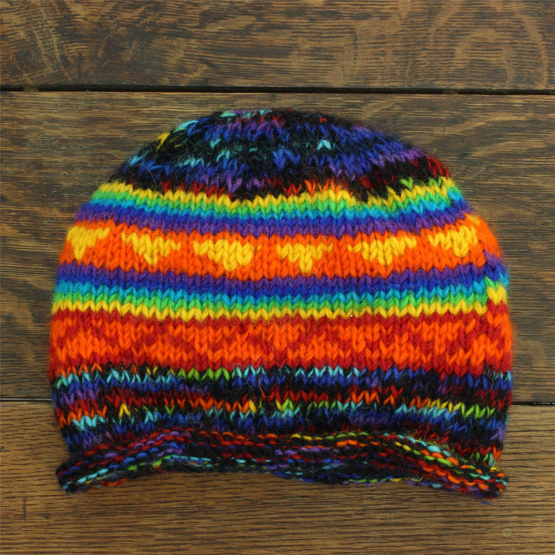 Hand Knitted Wool Beanie Hat - SD Black Rainbow Orange