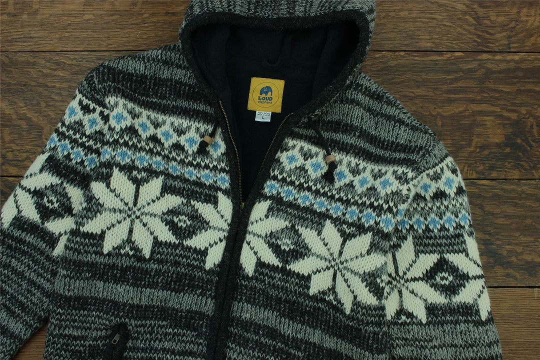 Hand Knitted Wool Hooded Jacket Cardigan - Fairisle Grey