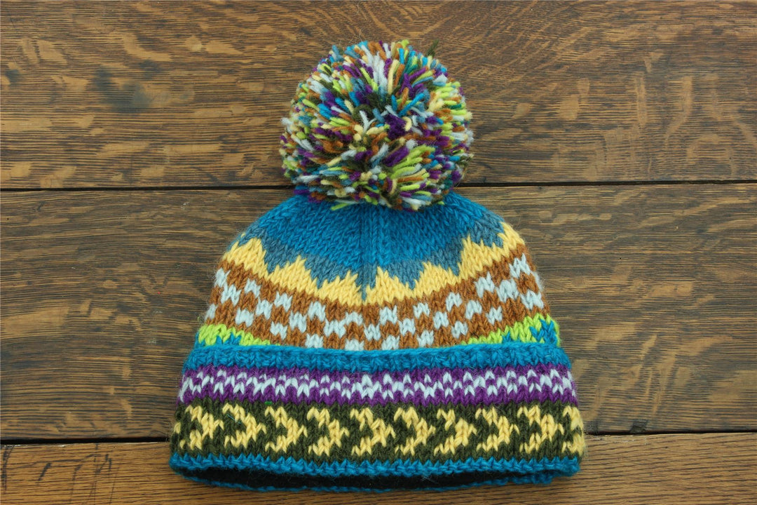 Hand Knitted Wool Beanie Bobble Hat - Chevron Blue