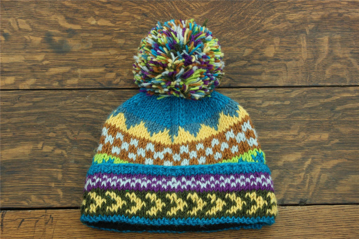 Hand Knitted Wool Beanie Bobble Hat - Chevron Blue