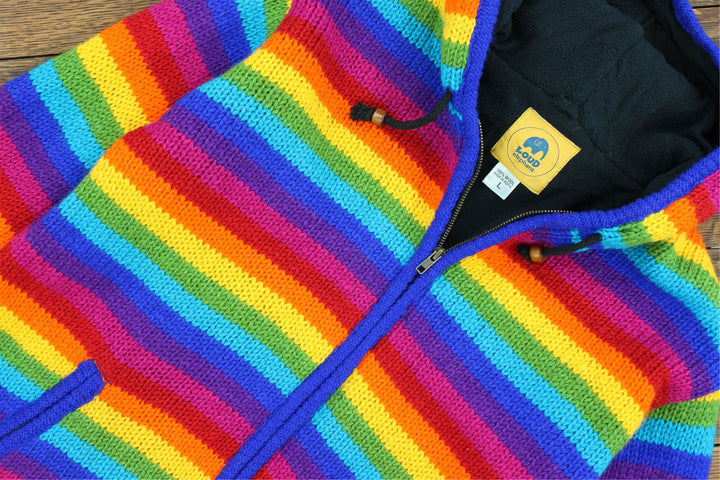 Hand Knitted Wool Hooded Jacket Cardigan - Stripe Bright Rainbow