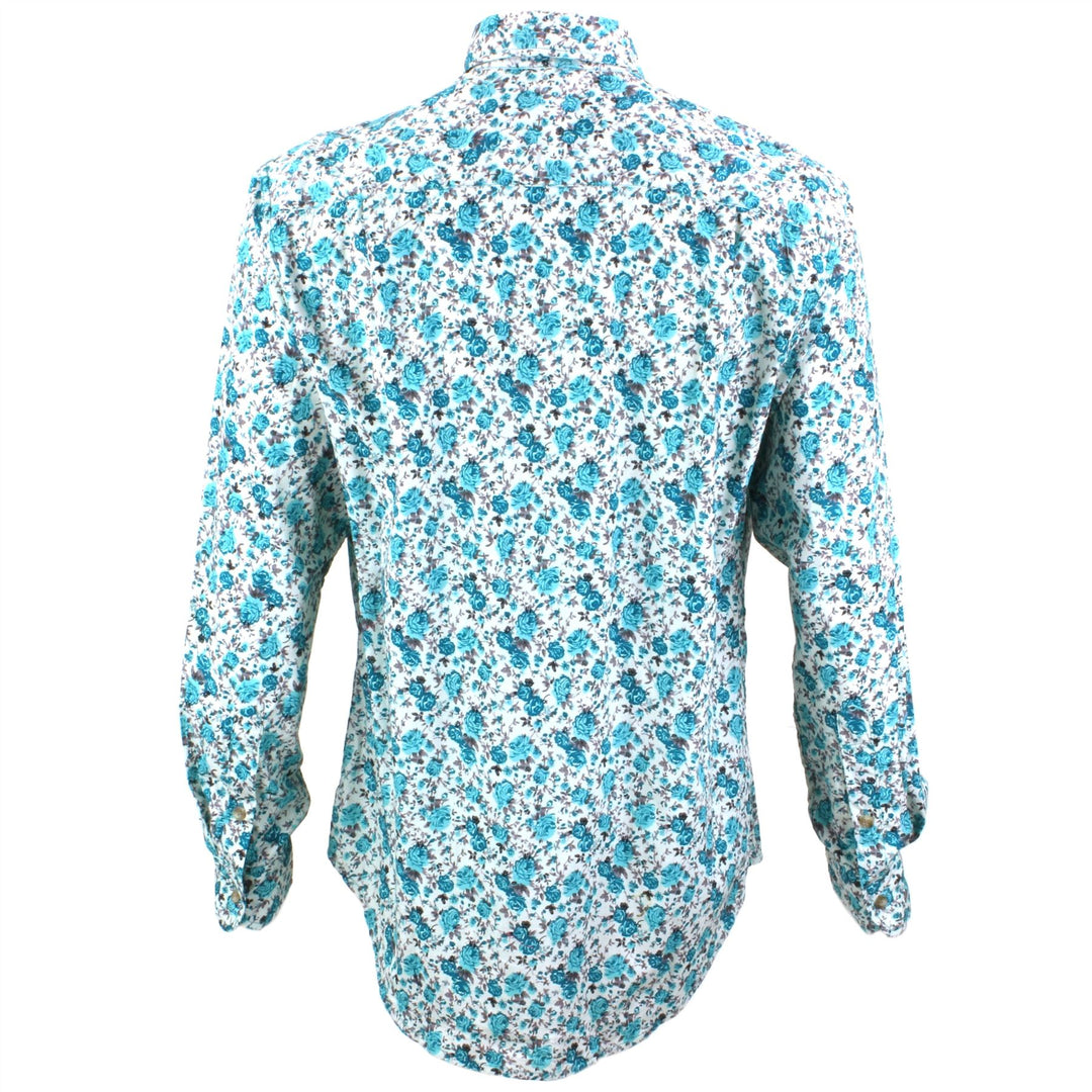 Regular Fit Long Sleeve Shirt - Small Turquoise & Green Floral on White