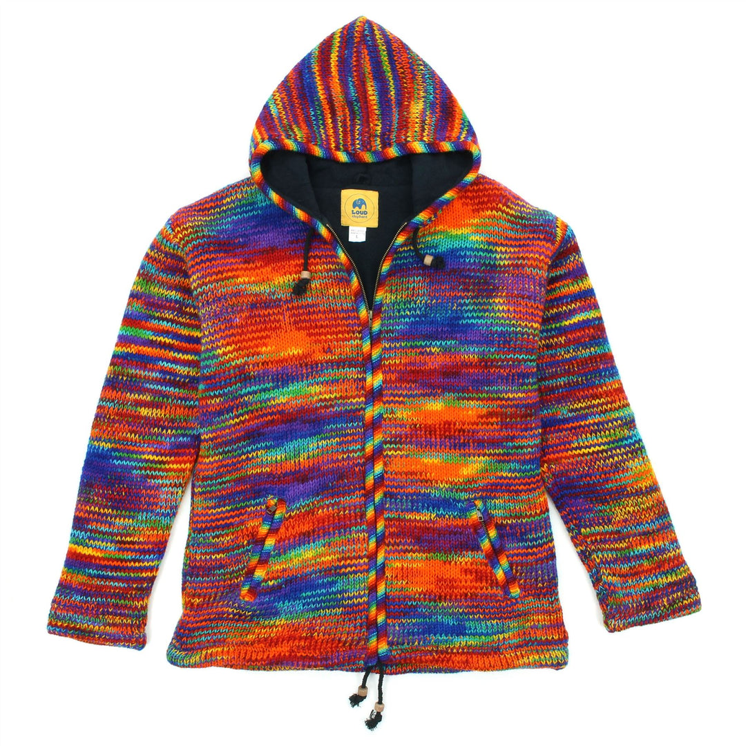 Hand Knitted Wool Hooded Jacket Cardigan - SD Rainbow with Rainbow Trim