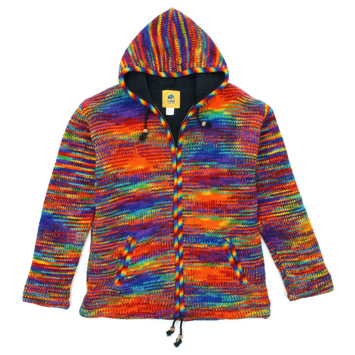 Hand Knitted Wool Hooded Jacket Cardigan - SD Rainbow with Rainbow Trim