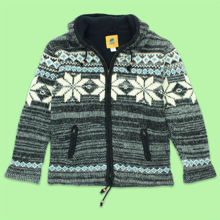 Hand Knitted Wool Hooded Jacket Cardigan - Fairisle Grey