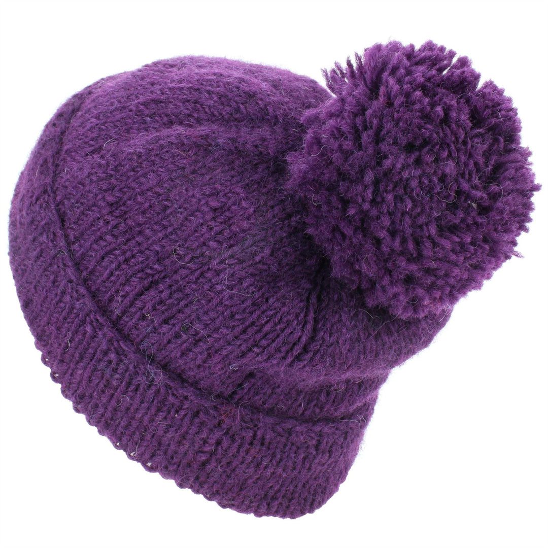 Chunky Wool Knit Baggy Slouch Beanie Bobble Hat - Purple