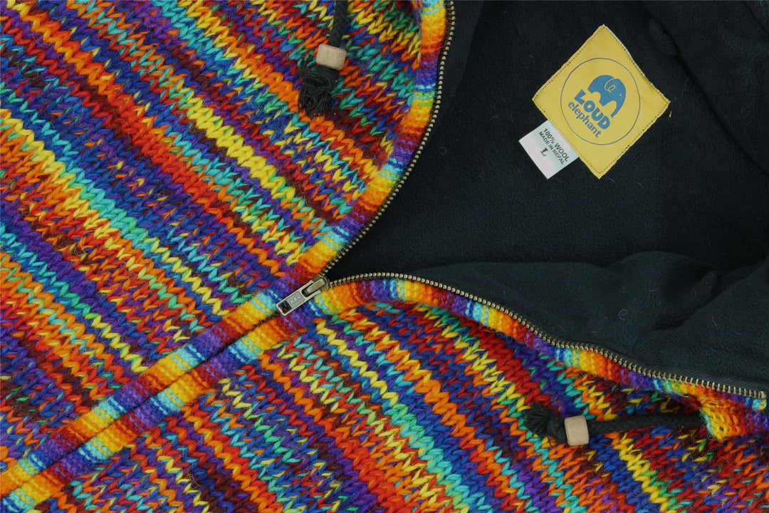 Hand Knitted Wool Hooded Jacket Cardigan - SD Rainbow with Rainbow Trim