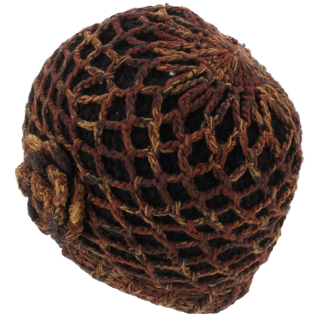 Acrylic Knit Lattice Flower Beanie Hat - Brown