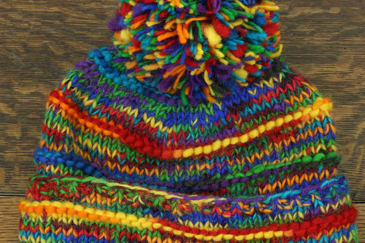 Hand Knitted Wool Beanie Bobble Hat - SD Rainbow Rib