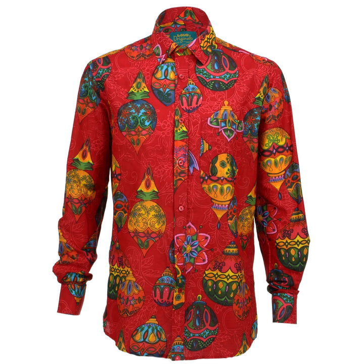 Regular Fit Long Sleeve Shirt - Red with Colourful Baubles