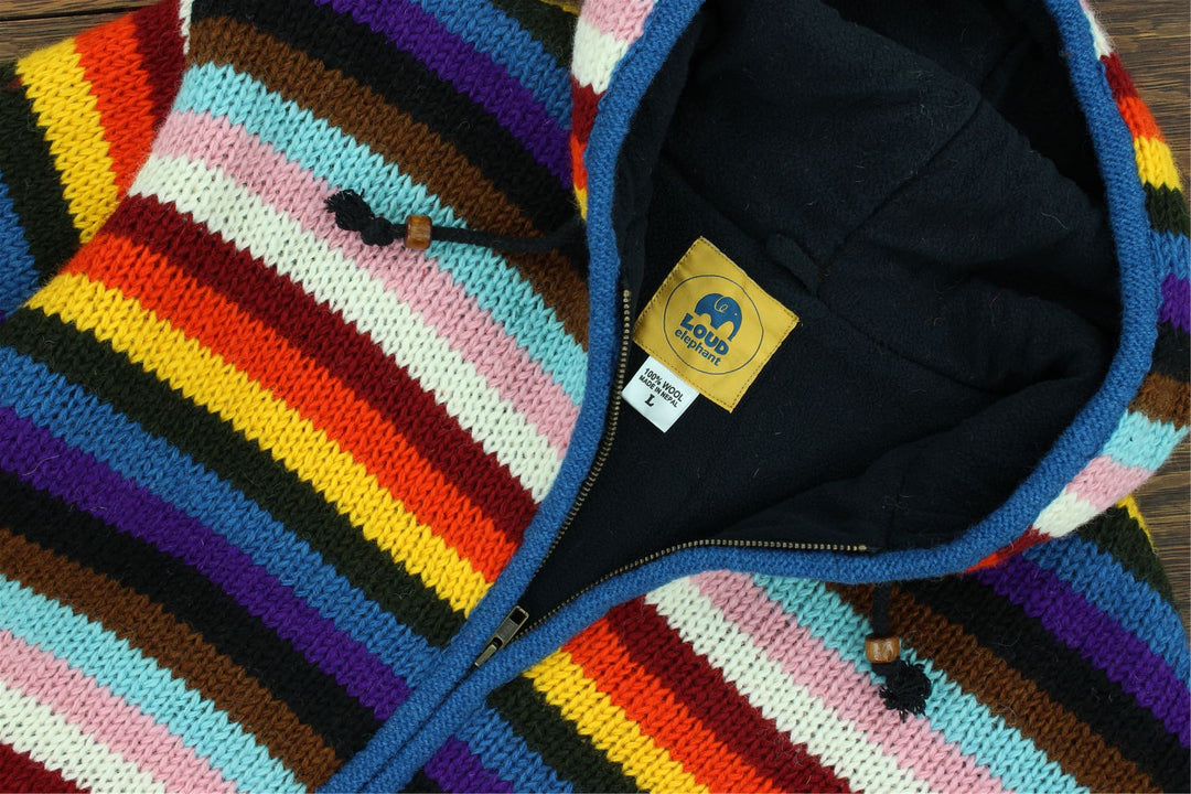 Hand Knitted Wool Hooded Jacket Cardigan - Stripe Progress Rainbow