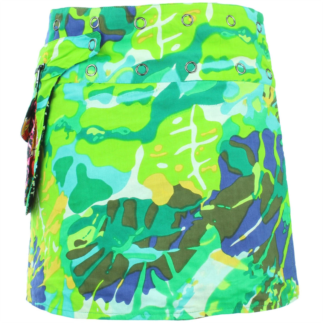 Reversible Popper Wrap Mini Skirt - Psychedelic Snakeskin / Camo Leaf