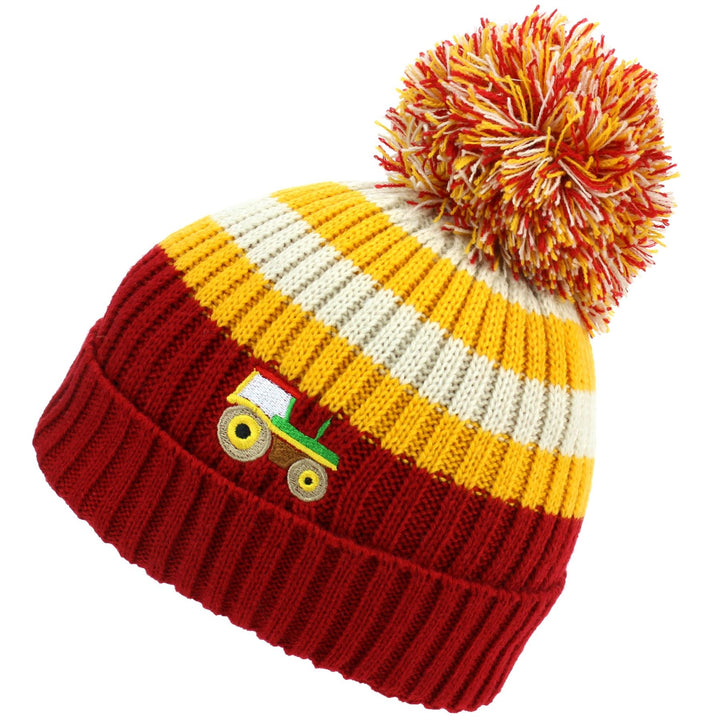 Kids Stripe Bobble Beanie Hat - Red