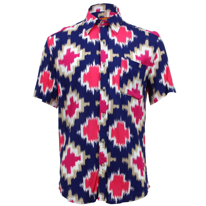 Tailored Fit Short Sleeve Shirt - Pink Abstract on Navy