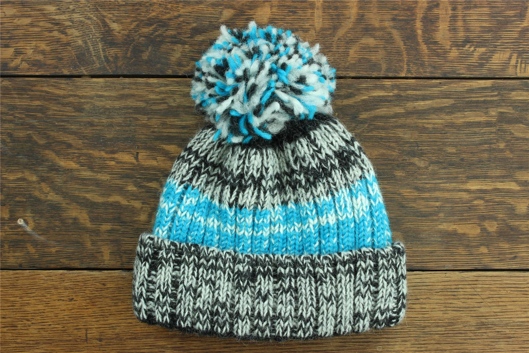 Hand Knitted Wool Beanie Bobble Hat - SD Black Turquoise