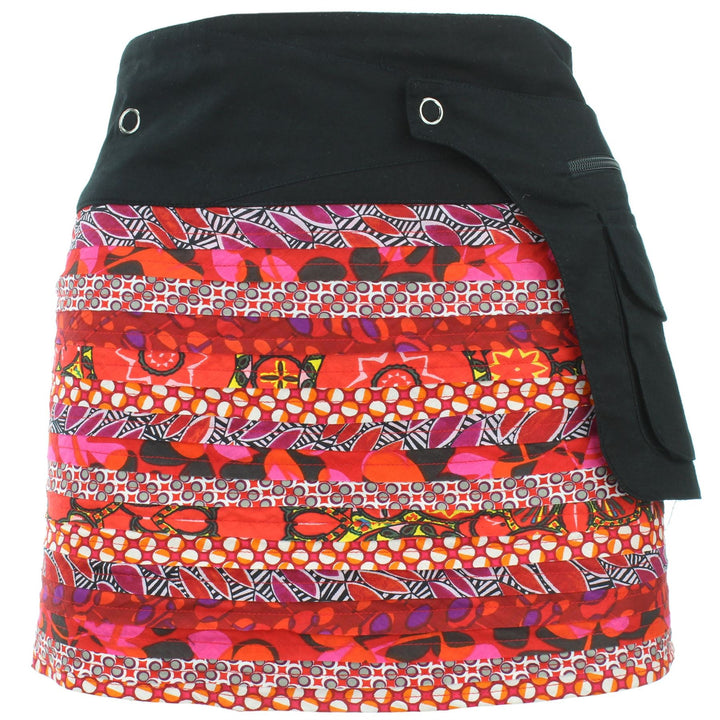 Reversible Popper Wrap Mini Skirt - Red Patch Strips / 70s Telephone