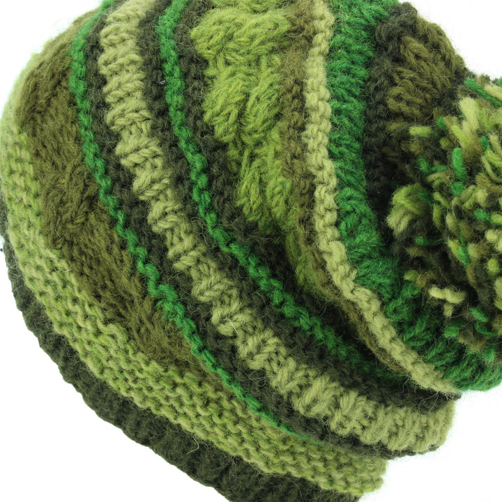 Wool Knit Bobble Beanie Hat - Stripe Green