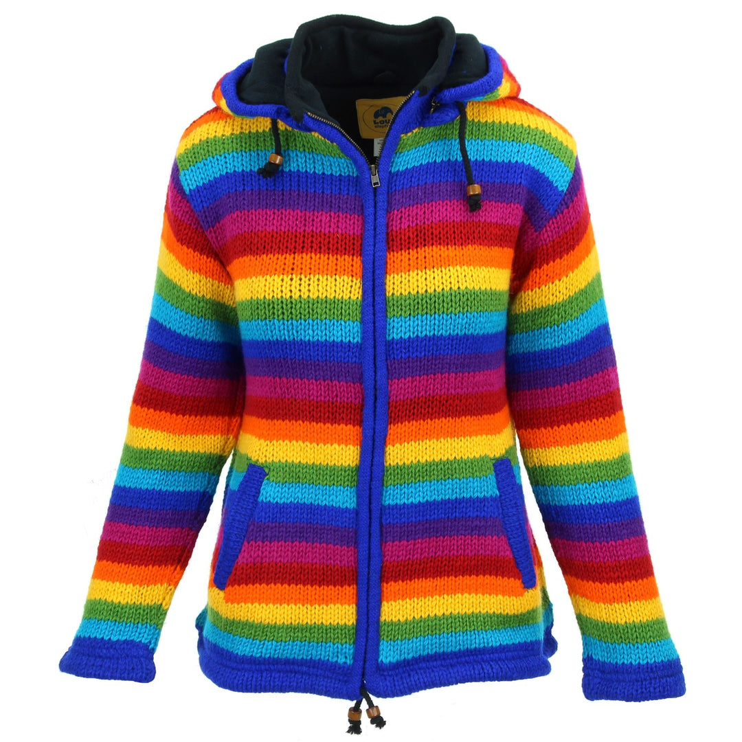 Hand Knitted Wool Hooded Jacket Cardigan Ladies Cut - Stripe Bright Rainbow